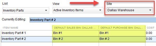Setting Default Bins in QuickBooks