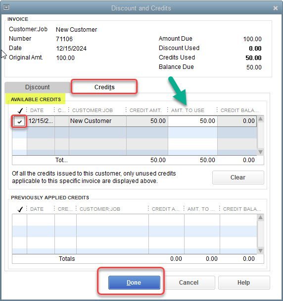 Customer Credit in QuickBooks 10 Discount and Credits window 3