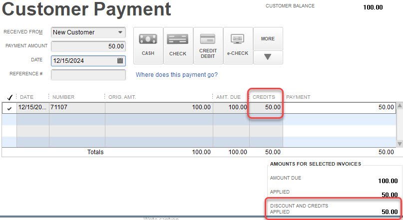 Customer Credit in QuickBooks 11 Credit Applied