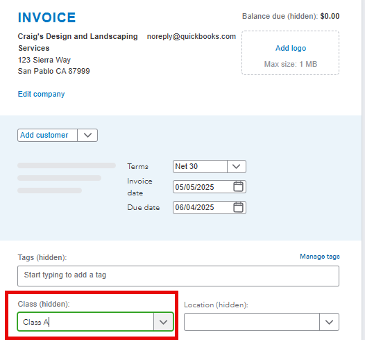 Classes in QuickBooks Online. An invoice with classes. 